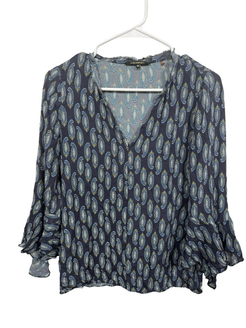 Kobi Halperin Silk Top Blouse XS Navy Blue Paisley Boho Flutter Sleeve Flowy